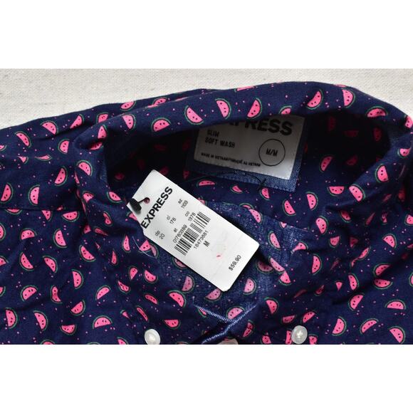 EXPRESS Slim Soft Wash Watermelon Print Button Down Shirt Size M Long Sleeve - Picture 7 of 8